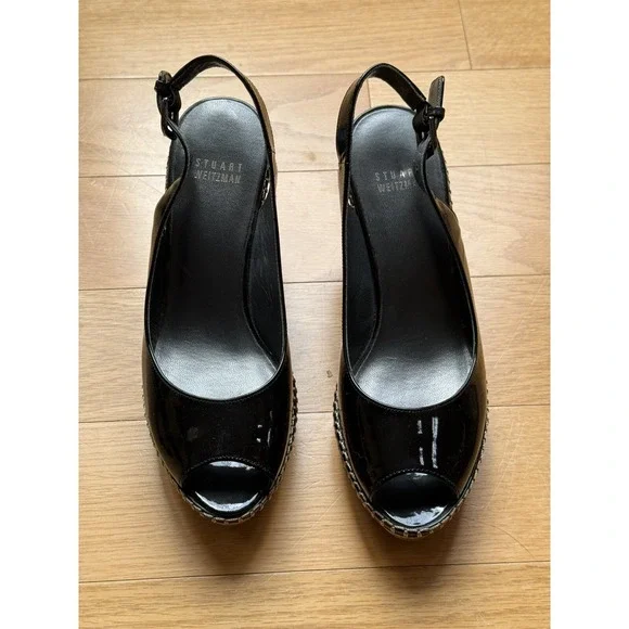 STUART WEITZMAN Wedge Womens 7 M Black Patent Leather Shoes Sling back Open Toe - Picture 2 of 9
